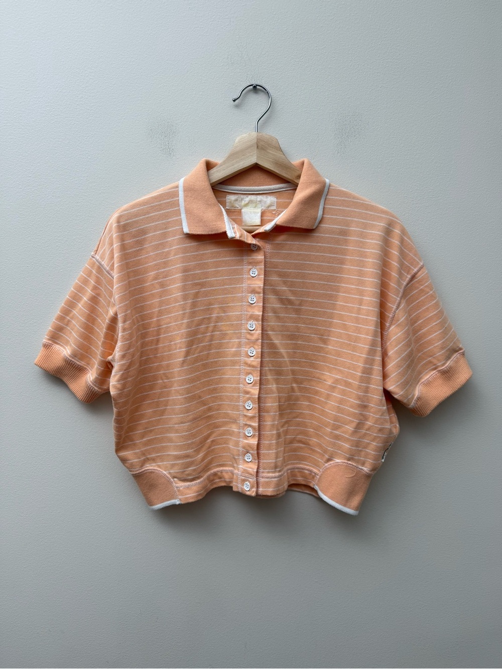 Cropped Peach Stripe Button-Down Polo Top